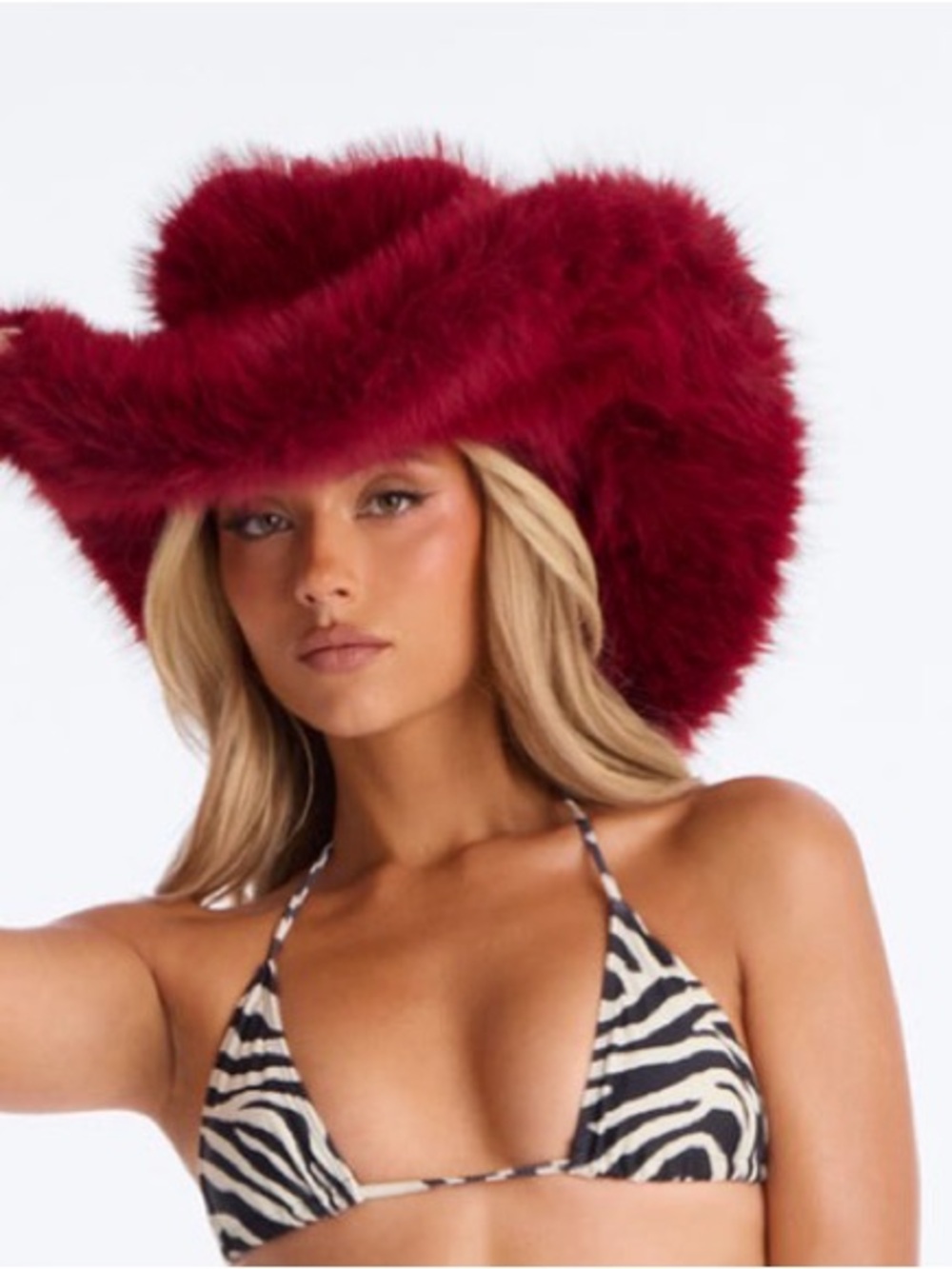 Fashion Nova Plush Faux Fur Wide Brim Cowgirl Hat - Burgundy
